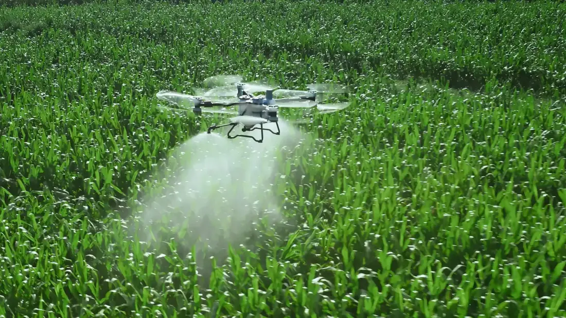Drone agrícola DJI AGRAS T100 fumigando un cultivo, imagen de referencia de DJI